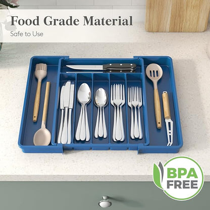 Lifewit Silverware Drawer Organizer, Expandable Utensil Tray for Kitchen, BPA Free Flatware and Cutlery Holder, Adjustable Plastic Storage for Spoons Forks Knives, 10.9"-17.5" x 13.7", Dark Blue