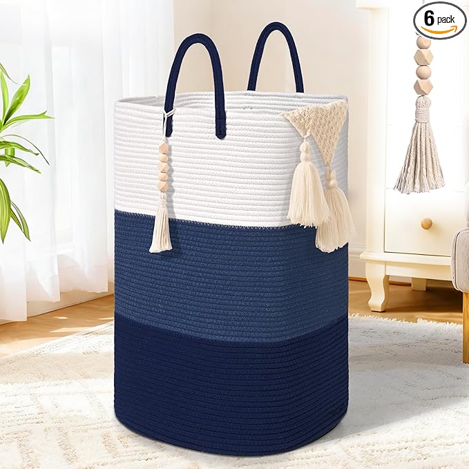 Woven Laundry Basket for Clothes,100 L Large Rectangle Laundry Hampers with Beads Tassel, Nursery Storage Basket for Toys, Tall Dirty Clothes Hamper for Bedroom Aesthetic, Laundry Room Organization