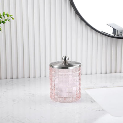 Blush Colored Tranlucent Apothecary Etched Geometric Grid Glass Jar W/ Nickel Metal Lid Cover for Bathroom Organization, Cotton Balls, Q Tips, and Small Accessories, Bathroom Storage