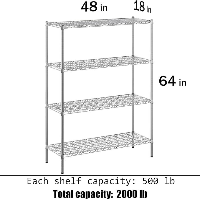 18" Deep x 48" Wide x 64" Height Wire Shelving Kit | 4-Tier | NSF Commercial Storage Rack Unit