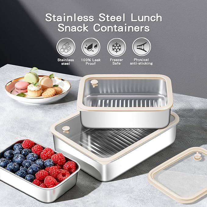 GIUOIDUO 3-Piece Extra Thick 304 Stainless Steel Food Storage Containers with Non-Stick Bottom, Airtight Glass Lids & Silicone Seal, Stackable Kitchen Organization Boxes for Food Preservation
