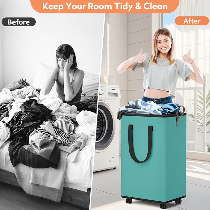 SpaceTrove Laundry Basket with Wheels, Collapsible Laundry Baskets, Laundry Hamper with Handles Detachable Wheels, Rolling Laundry Basket, Dirty Clothes Hamper for Bathroom, Dorm, Bedroom, Green, 80L