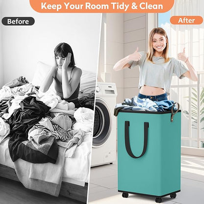 SpaceTrove Laundry Basket with Wheels, Collapsible Laundry Baskets, Laundry Hamper with Handles Detachable Wheels, Rolling Laundry Basket, Dirty Clothes Hamper for Bathroom, Dorm, Bedroom, Green, 80L