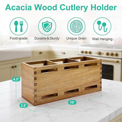Farmhouse Wooden Silverware Utensil Caddy Cutlery Holder Small Acacia Wood Utensil Holders Organizer for Kitchen Count Party Fork Spoon Storage Organizer Table Silverware Holder Flatware Caddy Basket