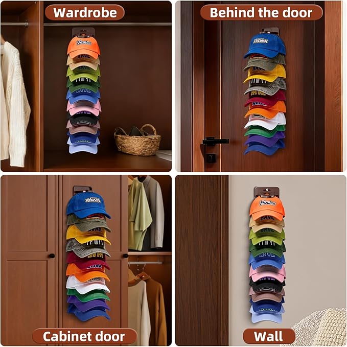 Spring Clip Hat Organizer for Baseball Caps – 2 Pack, Wall Hat Rack for Door & Closet – Keeps 20 Hats Tidy in Garage, Dorm, Man Cave – Multi-Layer Cap Storage (Brown)