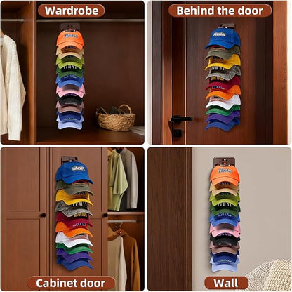 Spring Clip Hat Organizer for Baseball Caps – 2 Pack, Wall Hat Rack for Door & Closet – Keeps 20 Hats Tidy in Garage, Dorm, Man Cave – Multi-Layer Cap Storage (Brown)
