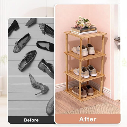 Aniston 4 Tier Small Shoe Rack Bamboo, Free Standing Slim Narrow Shoe Storage, Vertical Tall Shoe Shelf Organiser for Garage, Closet, Doorway, Corner, Living Room Small Spaces