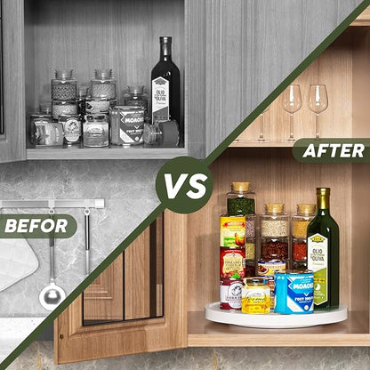 White Lazy Susan for Table, 12 Inch Non-Skid Bamboo Turntable Organizer for Salt Pepper Spices and Olive Oil Next to Stove, Wooden Lazy Susan Organizer for Kitchen Countertop Organizer