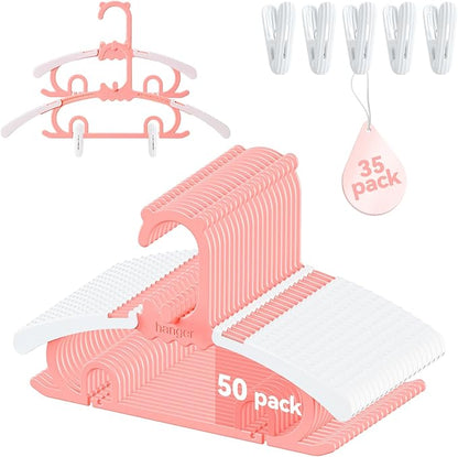50 Pack Baby Hangers,with 35 Detachable Clips Adjustable 11.14"-15.55", Stackable Kids Closet Hangers, Two Bottom Grooves for Secure Clip Placement.Fits Newborns,Toddlers, Children & Teens(Pink)