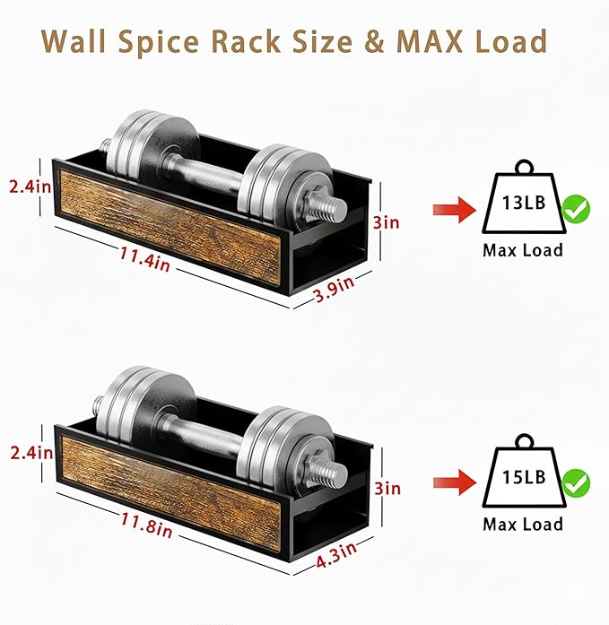 Wall Mount Spice Rack Large capacity Extra Wide,2 Pack Ironwood Spice Organizer shelf for Rustic, Industrial and Modern Kitchens,Quick Adhesive Strips and Screws for Mounting (Engineered Wood)