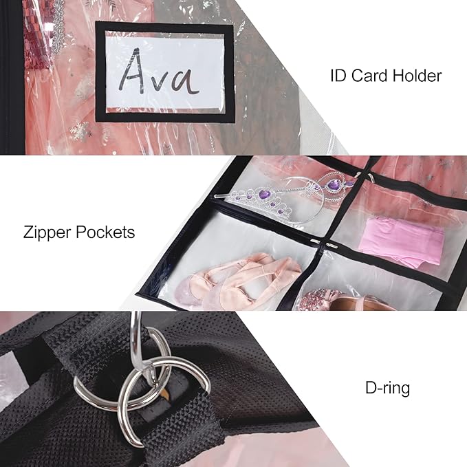 Univivi Clear Black PVC Dance Costume Bags Garment Bag 40 Inch for Dance Competitions, with 4 Medium Clear Zipper Pockets and 1 Large Back Zippered Pocket(Clear Black)