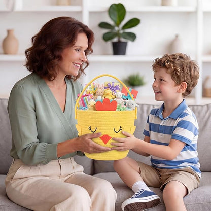 Small Woven Storage Basket with Handle, Cute Cartoon Chick Baskets for Gift Empty, Cotton Rope Storage Basket for Toy Organizer