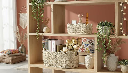 Coeusy Wicker Scalloped Basket Set of 2,Woven Storage Baskets for Shelves,Closet,Laundry,Gifts,Towels,Books,Toys,Waterproof Boho Decor Basket for Organizing