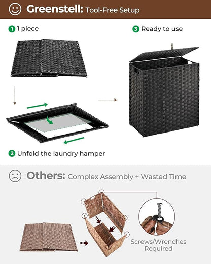 Greenstell Laundry Hamper with lid, No Install Needed, 110L Wicker Laundry Baskets Foldable 2 Removable Liner Bags, 2 Section Clothes Hamper Handwoven Rattan Laundry Basket with Handle, Black