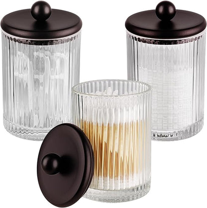 3Pack Glass Qtip Holder Dispenser Set - Bathroom Canister Storage Organizer for Cotton Balls, Swabs, Floss Picks, and Makeup Sponges with Matte Black Metal Lid - Clear Vanity Apothecary Jars