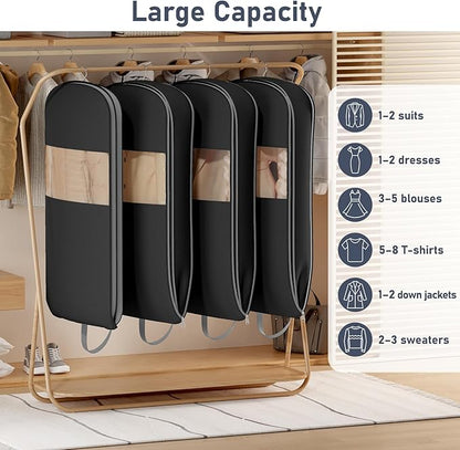 DIMJ 4 Pack 43" Space Saving Garment Bags for Hanging Clothes With Compression Zipper Carry Handles and Window, Washable Suit Bag for Dress, Clothes, Coats, Down Jacket, Closet, Moving, Travel