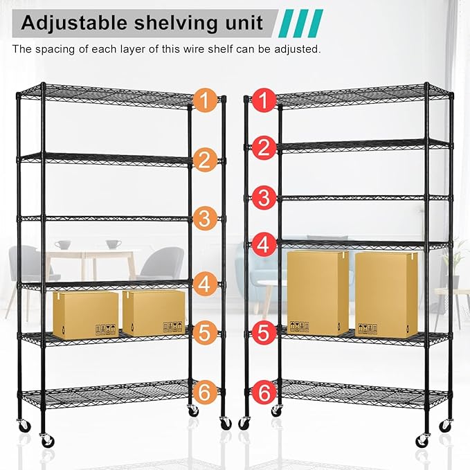Storage Shelves with Wheels 6 Tier Wire Shelving Adjustable Metal Shelving Unit Heavy Duty NSF Shelf Capacity 2100lbs for Garage Racks, Kitchen, Closet, Commercial (45"x18"x82", Black)
