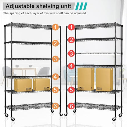 Storage Shelves with Wheels 6 Tier Wire Shelving Adjustable Metal Shelving Unit Heavy Duty NSF Shelf Capacity 2100lbs for Garage Racks, Kitchen, Closet, Commercial (45"x18"x82", Black)