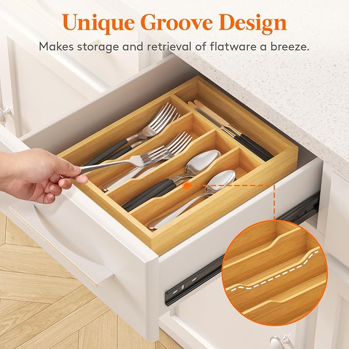 Lifewit Silverware Drawer Organizer, Utensil Tray for Kitchen, Flatware and Cutlery Holder, Storage for Spoons Forks Knives, 9.9 x 12.8", Natural