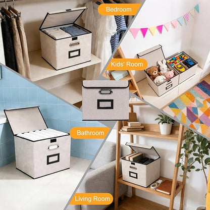 Large Square Storage Bin with Lid, Foldable Organizer Box with Handles & Label Design, for Office, Closet, Home, Documents, Grey, 12.20 x 10.63 x 10.63 Inches, 1 Pack