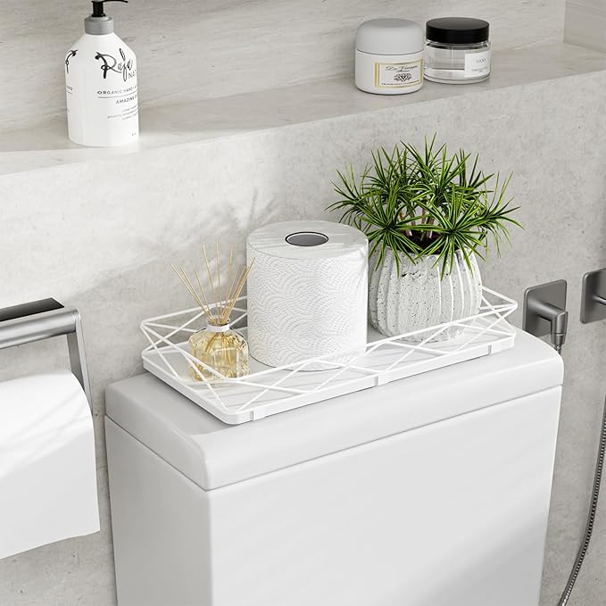 Lixple Toilet Paper Basket Holder, 13" Toilet Tank Tray, Wood and Metal Toilet Tray Vanity Organizer Bathroom Tray, Kitchen Sink Organizer for Soap Dispenser (White)