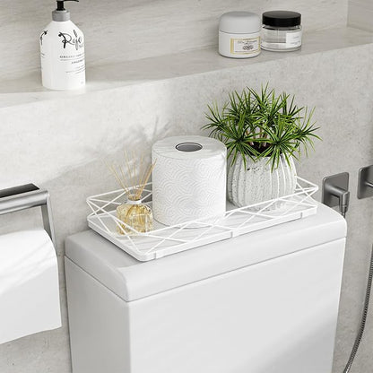 Lixple Toilet Paper Basket Holder, 13" Toilet Tank Tray, Wood and Metal Toilet Tray Vanity Organizer Bathroom Tray, Kitchen Sink Organizer for Soap Dispenser (White)