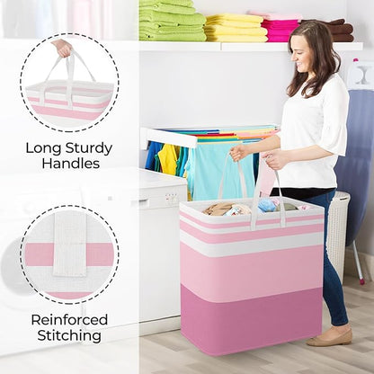 StorageRight Large Collapsible Laundry Basket Hamper with Easy Carry Handles，Freestanding Clothes Hampers for Laundry, Bedroom, Dorm, Towels, Toys, 100L, Pink