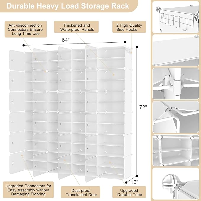 Portable Shoe Rack Organizer with Door, 96 Pairs Shoe Storage Cabinet Easy Assembly, Plastic Adjustable Shoe Storage Organizer Stackable Detachable Free Standing DIY Expandable 12 Tier White