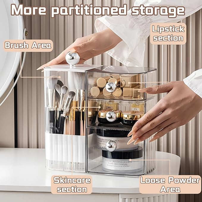 PET Makeup Organizer with Press Pop-Out Compartment & 3 Drawers, Clear Cosmetic Storage Box for Vanity Countertop, Bathroom Small Item Organization