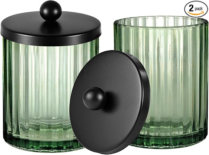 Amolliar Sage Green Glass Apothecary Jar, Qtip Holder Dispenser for Cotton Swabs, Balls, Makeup Pads, Floss Picks, Bathroom Essential Accessories, Countertop Canister Storage Organizer (Black, 2 Pack)