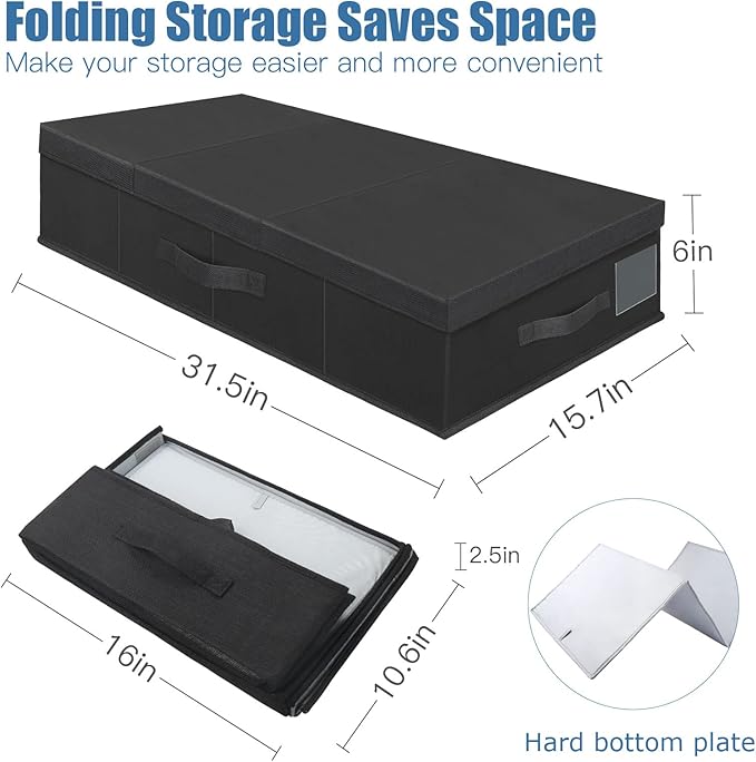 Supowin Underbed Storage Containers Bin with Lids (Set of 2) Large Under Bed Storage Organizer Box with Handle, Foldable Under the Storage Bags for Organizing Clothes, Shoes, Blankets, Pillows-Black