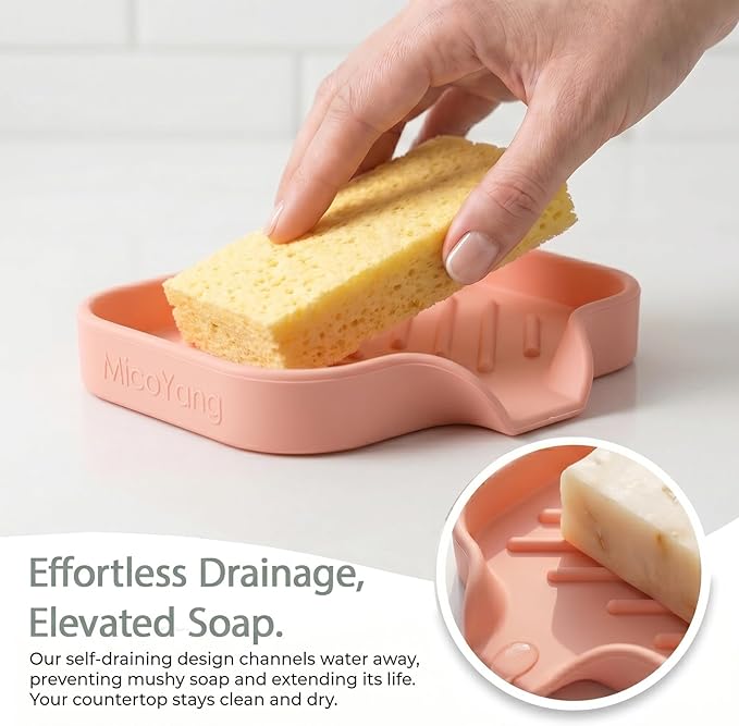 MicoYang Silicone Bathroom Soap Dishes with Drain Spout-Bathroom and Kitchen Sink Organizer,Sponge Holder,Dish Soap Tray,Perfect for Dispenser,Scrubber,Bottle,Cup on Sink or Counter-Pink 4.9"×3.2"