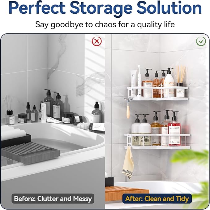 YASONIC Shower Caddy Corner, 2-Pack Adhesive Rustproof Stainless Steel Shower Shelves with Soap Holder, No Drilling Shower Organizer Corner for Dorm, Renters Bathroom White