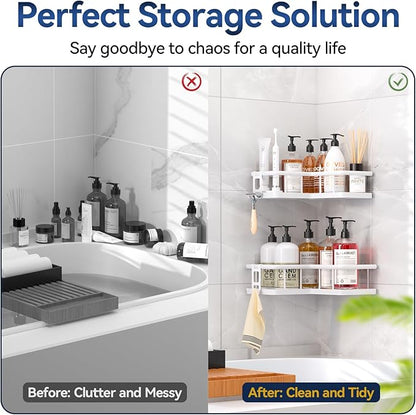 YASONIC Shower Caddy Corner, 2-Pack Adhesive Rustproof Stainless Steel Shower Shelves with Soap Holder, No Drilling Shower Organizer Corner for Dorm, Renters Bathroom White