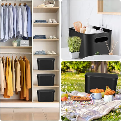 Hoolerry 8 Pieces Colorful Storage Bins with Lid, Plastic Storage Basket Organizing Container Stackable Box with Handle for Shelves Desktop Playroom Office(9.8 x 7.1 x 6.3 Inch,Black)