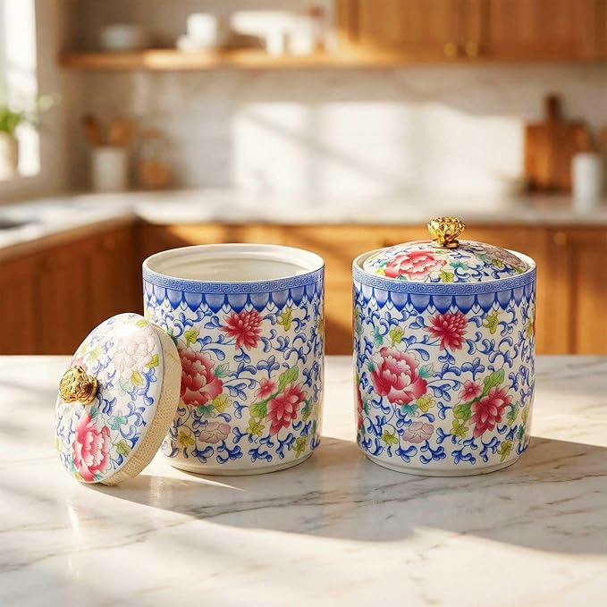 2 Pcs Vintage Chinese Ceramic Porcelain Salt Cellar with Lid Ceramic Salt Holder Container for Coffee, Sugar, Spices and Candies, Airtight Spice Jar, Kitchen Storage Dish (Colorful)