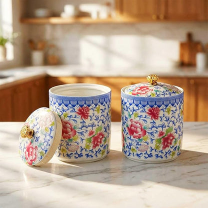 2 Pcs Vintage Chinese Ceramic Porcelain Salt Cellar with Lid Ceramic Salt Holder Container for Coffee, Sugar, Spices and Candies, Airtight Spice Jar, Kitchen Storage Dish (Colorful)