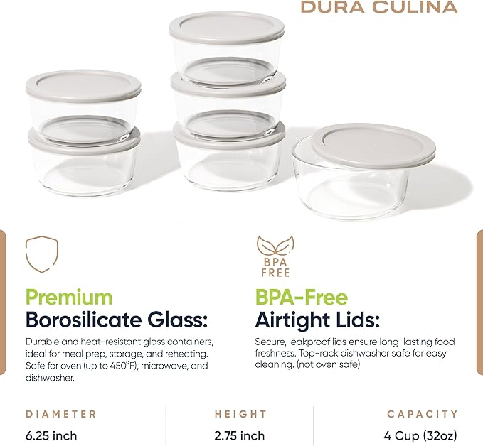 12-Piece Glass Food Storage Containers Set (6 Containers + 6 BPA-Free Lids) | 4-Cup, Leakproof | Microwave, Freezer, Oven & Dishwasher Safe | Ideal for Meal Prep & Pantry Organization, Grey