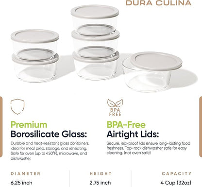12-Piece Glass Food Storage Containers Set (6 Containers + 6 BPA-Free Lids) | 4-Cup, Leakproof | Microwave, Freezer, Oven & Dishwasher Safe | Ideal for Meal Prep & Pantry Organization, Grey
