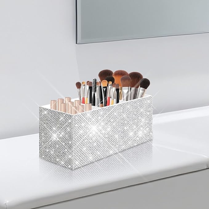 Bling Makeup Brush Holder Organizer, 3 Slot Sparkle Cosmetics Brushes Storage Holders with Shiny Rhinestones, Glitter Cute Pen and Pencil Holder for Desk, Eyeliners Display Case for Vanity（White）