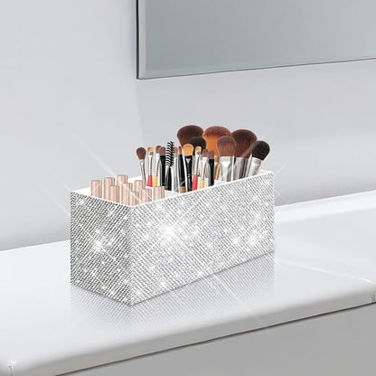 Bling Makeup Brush Holder Organizer, 3 Slot Sparkle Cosmetics Brushes Storage Holders with Shiny Rhinestones, Glitter Cute Pen and Pencil Holder for Desk, Eyeliners Display Case for Vanity（White）