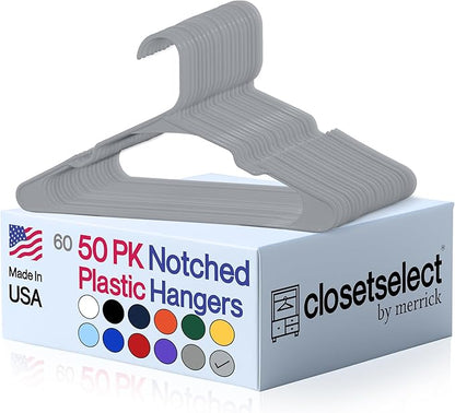 Closetselect Plastic Hangers 50 Pack - Space Saving Clothes Hangers, Made in USA, Durable & Strong Plastic Shirt & Coat Hanger with Notches & Shoulder Grooves, Non-Slip Clothing Hangers | Grey