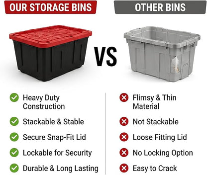 27 Gal Industrial Tote,4 Pack Large Storage Bin,Black with Red Lid Plastic Storage Container Stackable & Nestable Heavy Duty Storage Totes, Suitable for Garages, Basements or Outdoors (4 Pack)