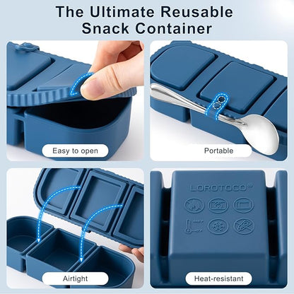 3 Pack Silicone Reusable Snack Containers with Lids - 3 Compartment Snackle Box for Kids & Adults, BPA-Free & Leakproof, Small for Dressing, Sauces, School, Office, Picnic（Blue, yellow, pink）