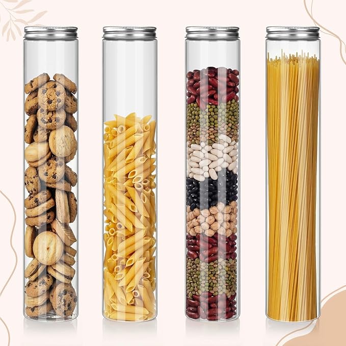 20 Pcs Plastic Jars with Lids 20 oz Plastic Food Storage Jar Spaghetti Containers Cylinder Containers with Screw on Lids for Dry Goods, Spice, Noodles, Spices and More(Silver)