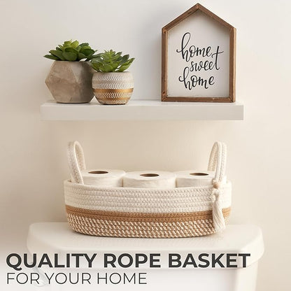 Decorative Toilet Paper Basket – Beautiful Bathroom Organizer for Toilet Tank Storage Decor – Boho Cotton Rope Bin with Tassel for Bathroom Accessories and as Shelf Decor