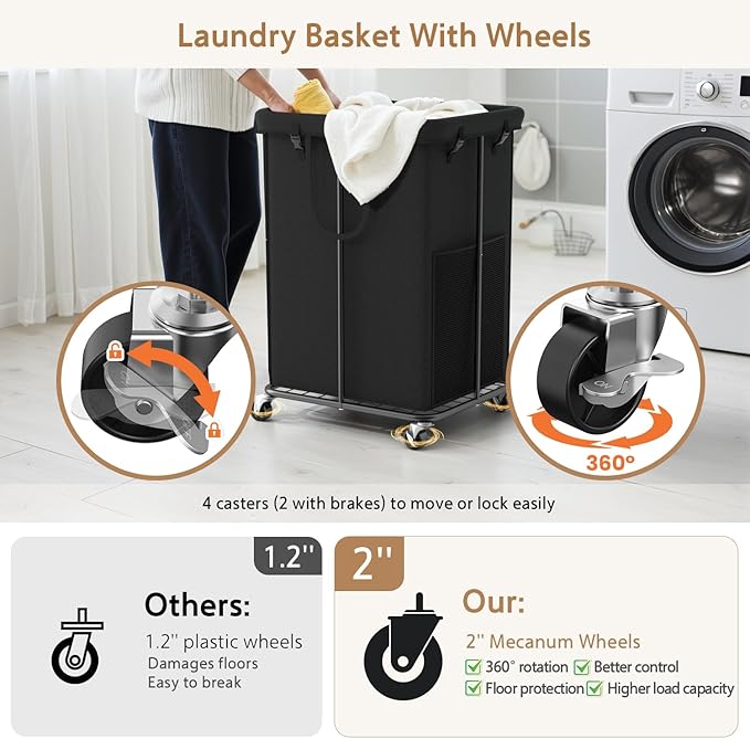 150L Large Laundry Basket with Wheels, Rolling Laundry Hamper with Removable Laundry Bag & Metal Frame, Oxford Fabric Dirty Clothes Hampers for Bedroom, Laundry Room, Bathroom, Dorm(Black)