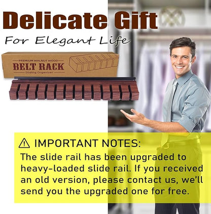 14 Belts Walnut Wood Belt Holder with Slide, Left or Right Slide Flexible Install Belt-Rack, Belt Hanger for Closet, Space Saving Belts Storage Organizer, Gift for Men