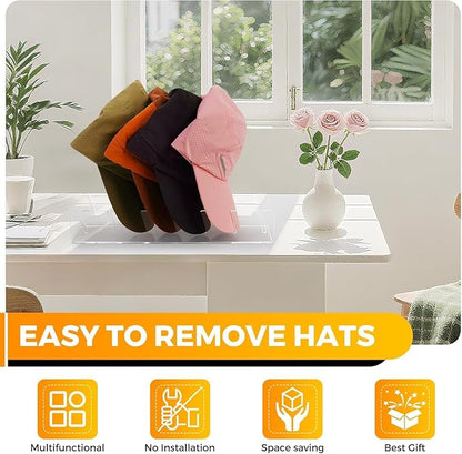 Acrylic Hat Organizer for Baseball Caps, 2-Pack No Installation Hat Rack, Clear Hat Stand Holder with 7 Slots, Non-Slip Adhesive, Bedroom, Entryway, Dresser, Tabletop, Display and Organize