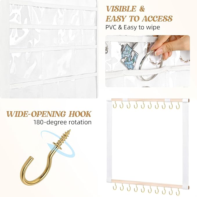 Necklace Holder Wall Mount, Hanging Jewelry Organizer, 20 Hooks & 14 Pockets, Wall Necklace Organizer With Detachable PVC Bags for Tavel, Jewelry Necklace Hanger for Bracelets,Rings Display